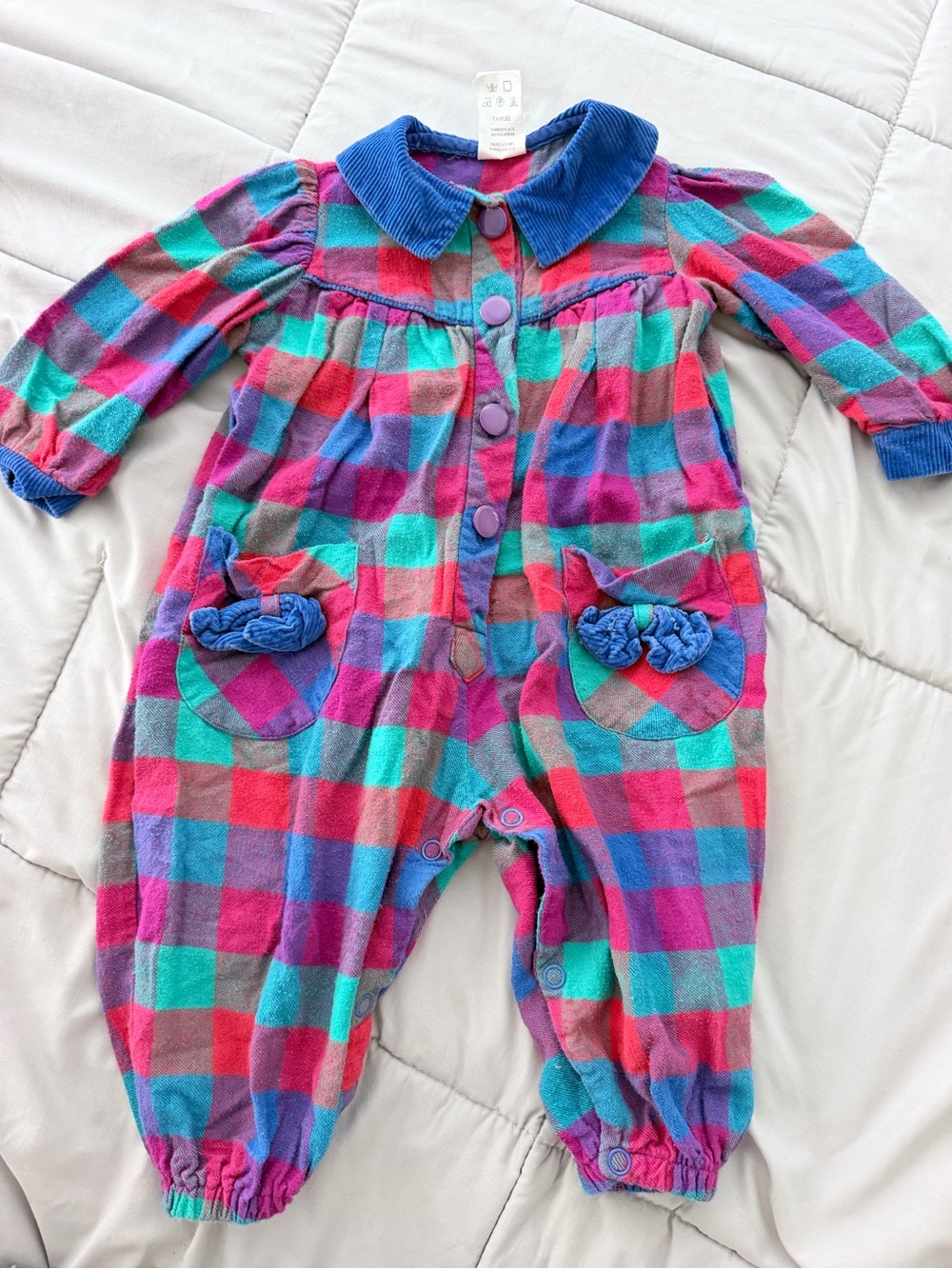 Vintage 90’s 100% Cotton colorful plaid long-sleeve baby romper